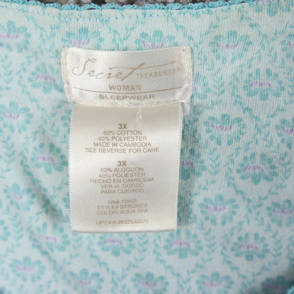 Secret Treasures Womens Sleepwear 3X Aqua Spa Floral Print Henley Top‎
